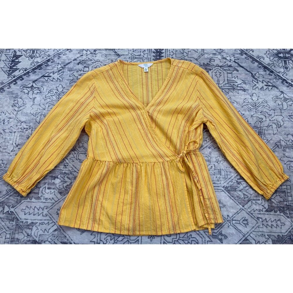 Yellow Wrap Blouse Womens Small (4-6) Time And Tru 100% Cotton 3/4 Sleeve Boho
